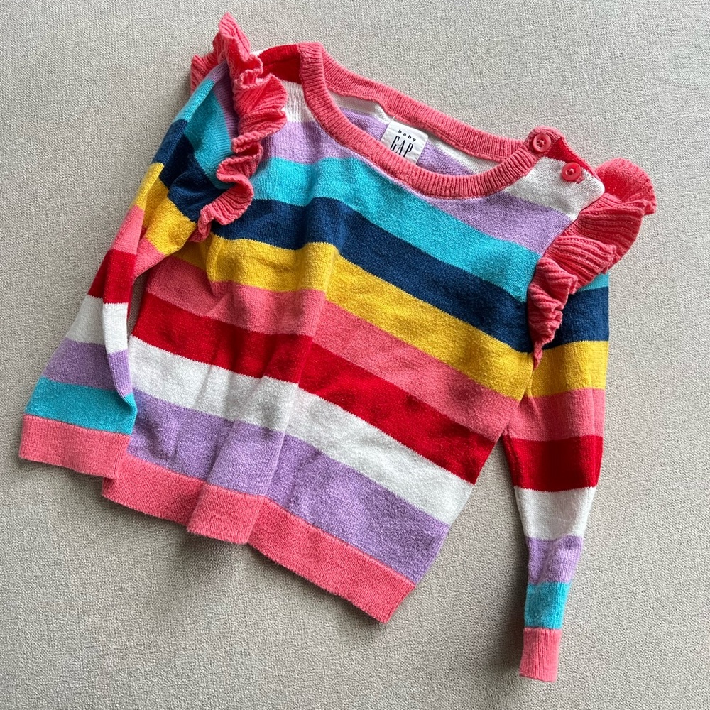 Baby Gap 6-12 month baby girl colorful striped ruffle shoulder sweater EUC